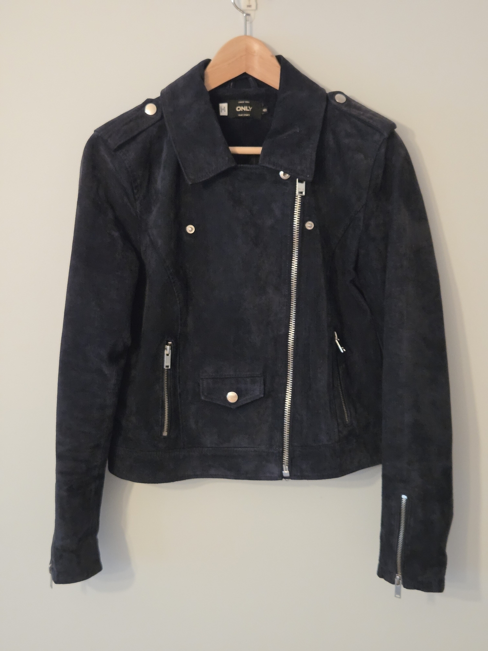 ONLY Dark Blue Suede Asymmetrical Moto Jacket